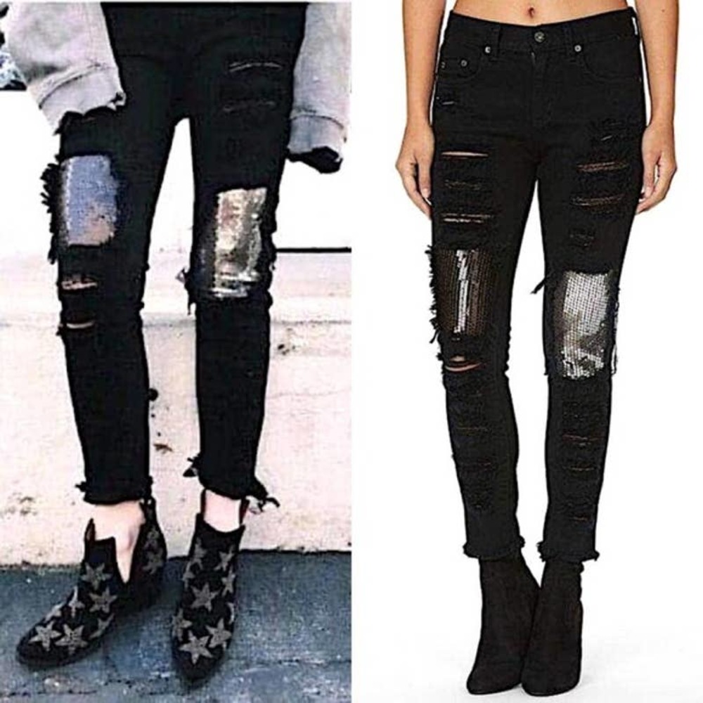 LF Carmar Black Boyfriend Distressed Sequin Jeans